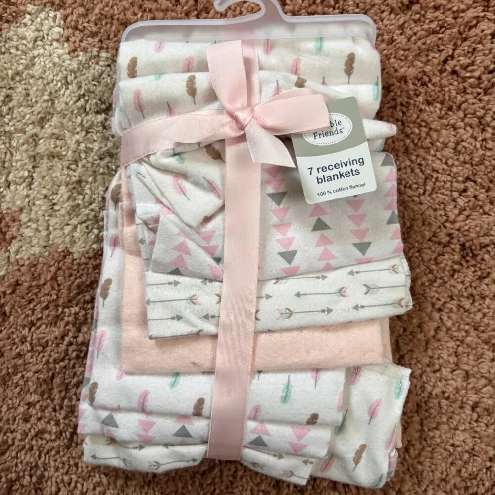 Luvable Friends 7 Cotton Flannel Receiving Blankets, Girl Feathers, One Size